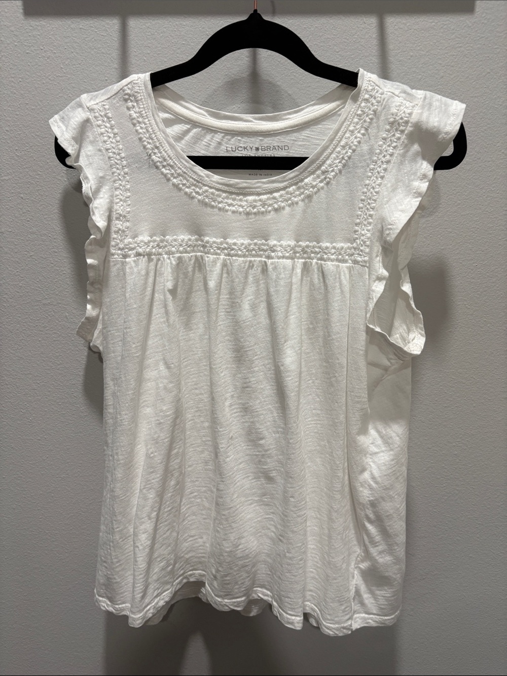 Lucky Brand White Crochet Yoke Ruffle Sleeve Tank